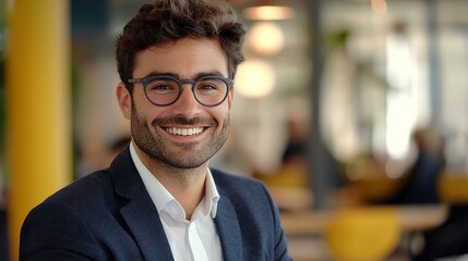 Fototapeta premium Smiling professional in formal wear, holding a tablet confidently, vibrant office environment in the background with faint figures. 