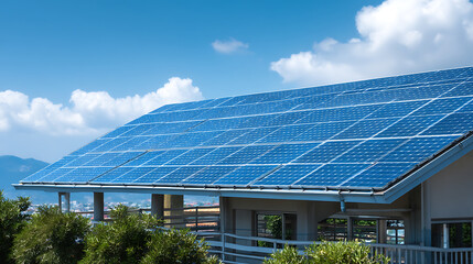 Close, up of surface of blue photovoltaic solar panels mounted on building roof for producing clean ecological electricity production of renewable energy concept