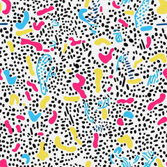 Memphis  colorful style seamless pattern. Creative minimalist style art background for children or trendy design with basic shapes. Simple childish scribble backdrop white background