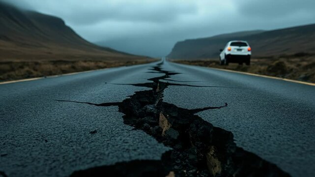 Deep fissures split empty rural road in remote valley surrounded by barren hills under dark, cloudy skies. Concept of natural disaster and environmental vulnerability