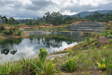 Fototapeta premium Rehabilitated tin mine shows an emerging lake ecosystem, terraced landscape and pioneer vegetation with visible watermarks.