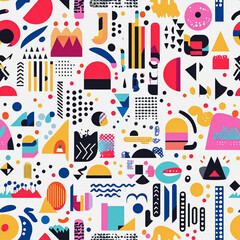 Memphis  colorful style seamless pattern. Creative minimalist style art background for children or trendy design with basic shapes. Simple childish scribble backdrop white background