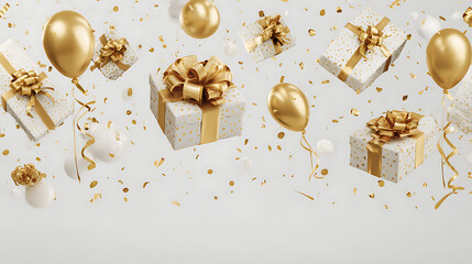 Celebration banner with gold gifts, confetti and balloons, celebratory banner