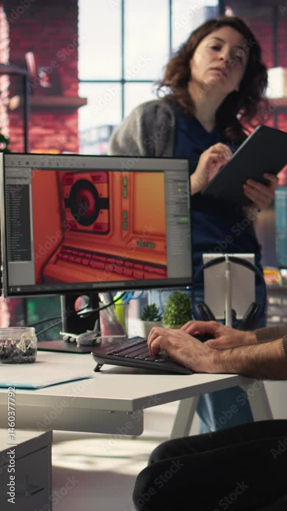 Fototapete Vertical Video Game developer utilizes AI generated program to design spaceship station using deep learning, futuristic environment enhanced by machine learning based solutions and cloud computing