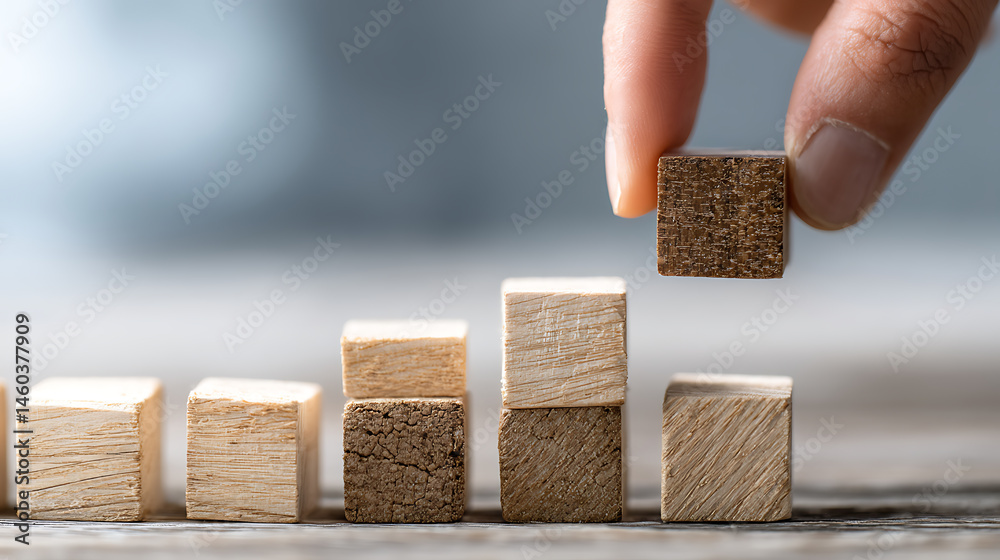 Poster business growth success development process concept, close up hand arranging wood block stacking, ba