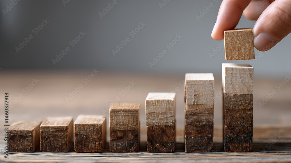 Poster business growth success development process concept, close up hand arranging wood block stacking, ba
