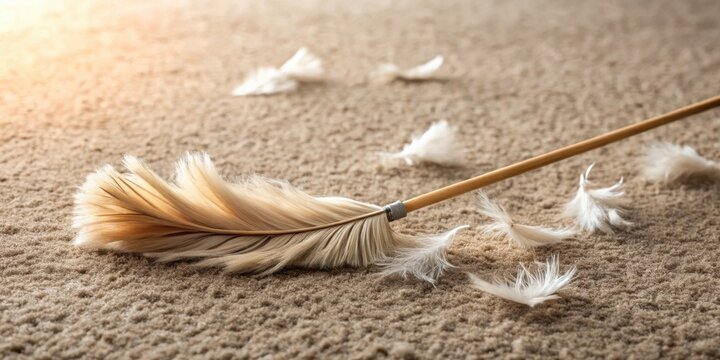 A delicate feather duster rests on a plush carpet, scattering soft, downy feathers in its wake, a moment of quiet cleaning and gentle chaos