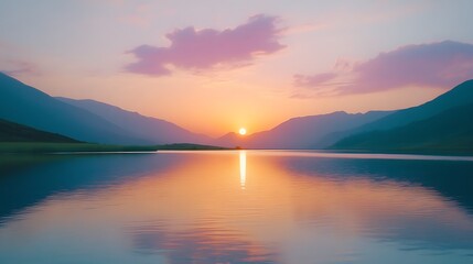 Fototapeta premium Serene mountain lake reflecting a vibrant sunset.