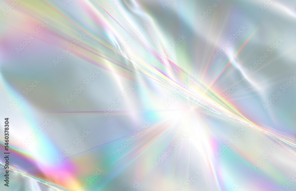 Poster smooth surface reflecting iridescent light beams, creating a colorful spectrum background with paste