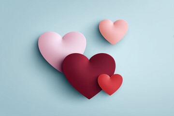 Three dimensional hearts in pink, red and burgundy on light blue background Valentine's Day concept, free space for text