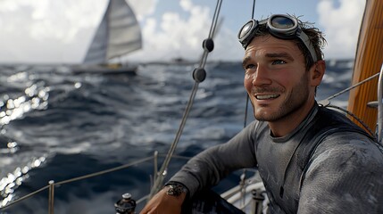 Obraz premium 3d Render of a Happy Man Sitting a Boat With Wind In His Hair Wearing Goggles and Relaxed In a Vacation Mood Surrounded By Water With an Original Background