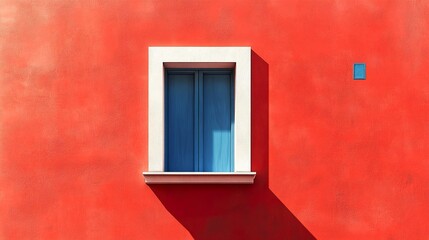 Tall red building with a modern geometric design, a striking blue window adding an artistic and sophisticated touch. 