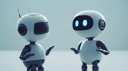Two friendly white robots engaging in conversation technology ai 3d cute blue small image clean light