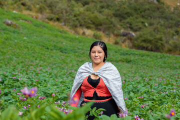 Foto de una feliz campesina caucásica parado en medio de sembrío de papas en Perú ,campesina con un tejido de manta artesanía peruana en la chacra,estilo de vida.Concepto de viaje.