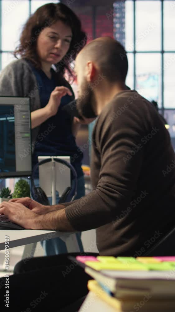 Poster vertical video coworkers using ai chatbot interface to generate video game spaceship environments, m