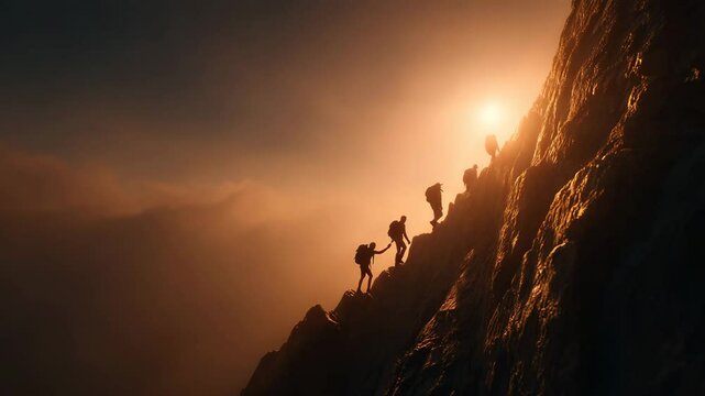 Adventurous Climbers Scale Steep Mountain Against Sunset Glow