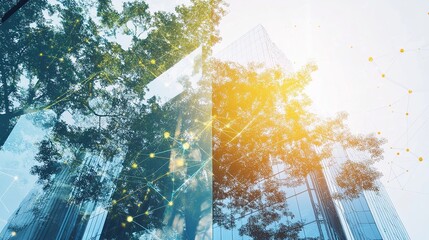 Modern city building with lush green trees and network connections sky urban image nature leaves