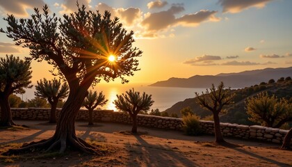a serene depiction of a traditional cretan olive grove, with gnarled trees and stone walls under a golden sunset