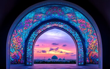 Naklejka premium Majestic Sunset Through a Vibrant Stained-Glass Archway
