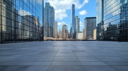 Fototapeta premium Wide concrete ground leading to tall glass office buildings in downtown, expansive open space providing a clear area for copy. 