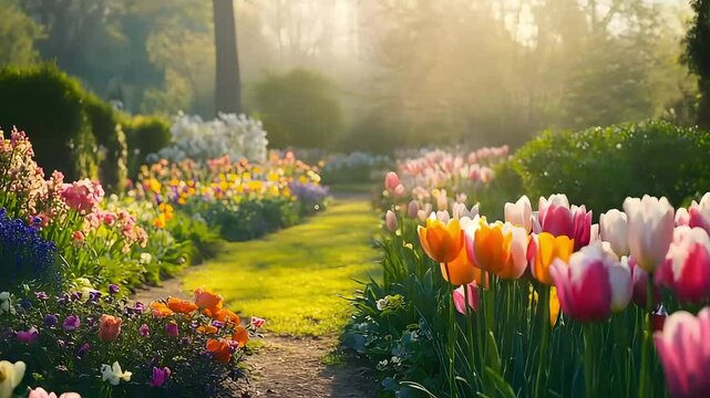 Colorful spring flower bed along garden path
