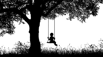 Child on swing hanging from tree silhouette vector isolated on white background  -  