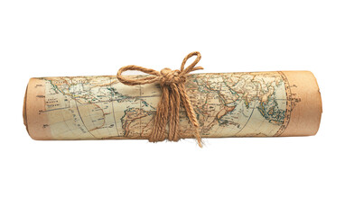 Rolled travel map tied with rustic twine symbolizing preparation for an adventure isolated on white background PNG