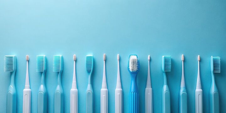 A Row of Pastel Blue Toothbrushes on a Light Blue Background, Featuring a Variety of Bristle Designs and Handle Shapes for Oral Hygiene