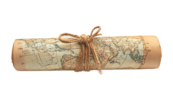 Rolled travel map tied with rustic twine symbolizing preparation for an adventure isolated on white background PNG