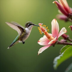 A tiny hummingbird drinking nectar from a flower.