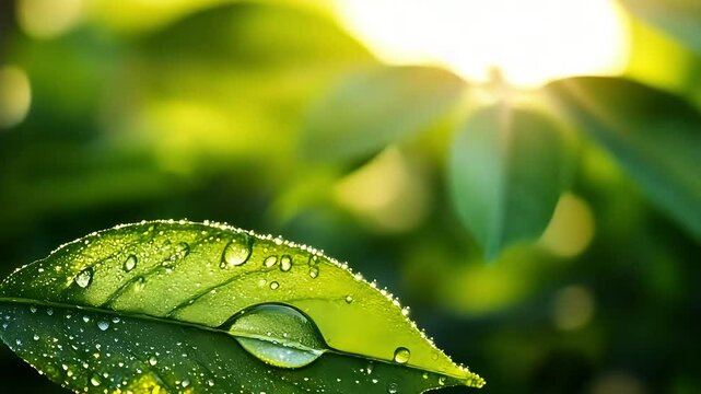 Dew on single leaf glowing in golden spring light