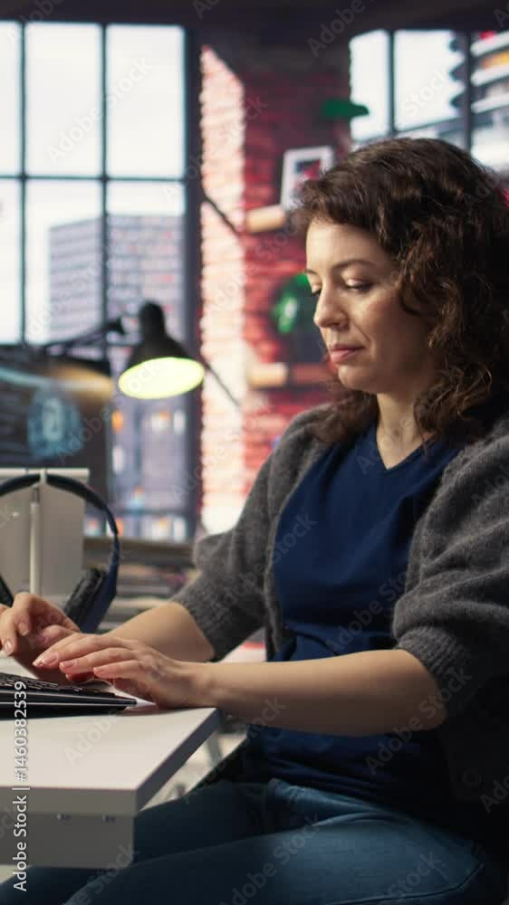 Fototapete Vertical Video Freelancer uses AI chatbot system to find a solution for task completion, meeting deadlines using prompts and generative models. Smart algorithms and machine learning. Camera A.