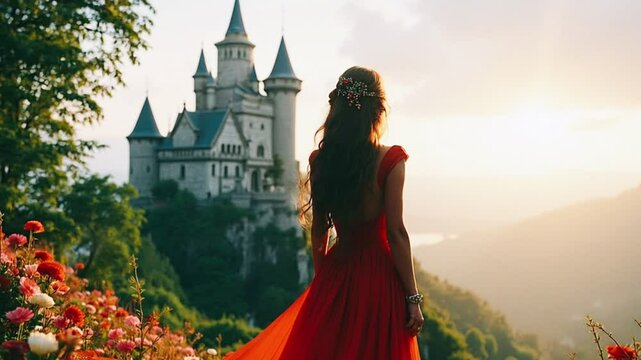 woman in red dress, cliff castle scenery, red dress photography, castle near cliff, scenic woman portrait, dramatic landscape woman, elegant dress outdoors, cliffside view, stunning castle backdrop, w