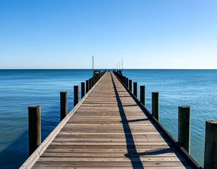 Obraz premium Serene wooden pier extending into a calm, blue ocean under a clear sky. Perfect for travel, vacation, and relaxation themes.