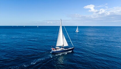 Obraz premium Sailboat cruising on a calm ocean under a blue sky with a few clouds. Other sailboats are visible in the distance.