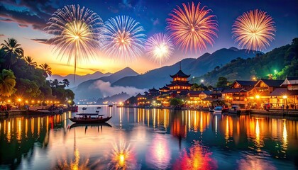 Festive fireworks illuminate a picturesque Asian town at sunset, reflected in calm waters. A tranquil scene of celebration and serenity.