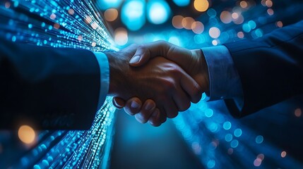 Business Handshake in Digital Data Center, Two businesspeople shaking hands in a data center with digital connections