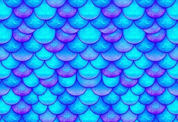 Seamless turquoise and violet watercolor mermaid scale pattern, empty space, copy space, fabric design