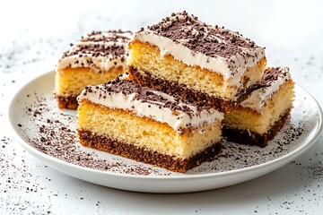 Delicious Layered Cake Slices with Creamy Topping and Chocolate Crumbs on Plate