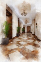 Obraz premium Vintage-Inspired Dramatic Hallway with Elegant Design and Nostalgic Aesthetics, Evoking a Timeless Charm and Artistic Flair in Bold Ink Style