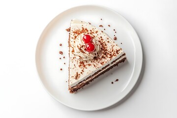 Black Forest Cake Slice with Cherries on White Plate Top View Studio Shot