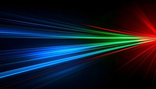 Abstract vibrant RGB laser light beams radiating from a central point against a black background.  Perfect for futuristic, technology, or energy-themed designs.