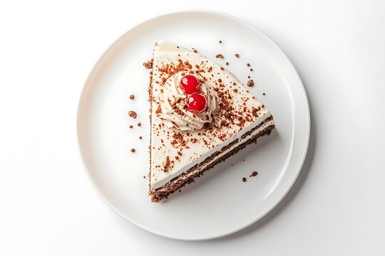 Black Forest Cake Slice with Cherries on White Plate Top View Studio Shot