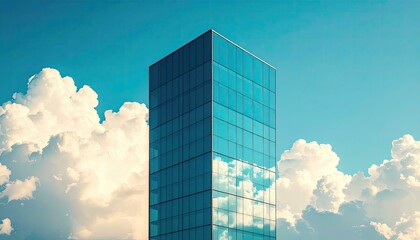 Modern glass skyscraper reflecting fluffy clouds against a vibrant blue sky.  Image ideal for corporate, architectural, and real estate projects.