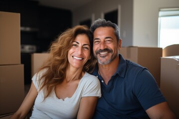 Fototapeta premium portrait of a smiling middle age hispanic couple in empty home after moving in