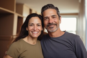 Fototapeta premium portrait of a smiling middle age hispanic couple in empty home after moving in