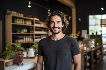 Fototapeta premium portrait of a Smiling customer standing by rack at zero waste store