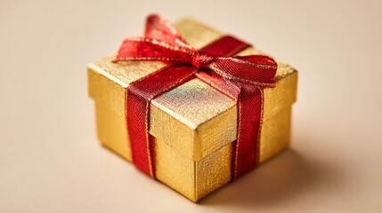 Obraz premium Golden gift box with red ribbon, symbolizing luxury and celebration 
