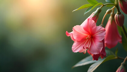 Pink flower with buds on a stem and a blurry background, close-up 