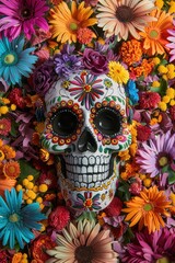 Day of the dead sugar skull bright flowers folk art Halloween t-shirt design.
